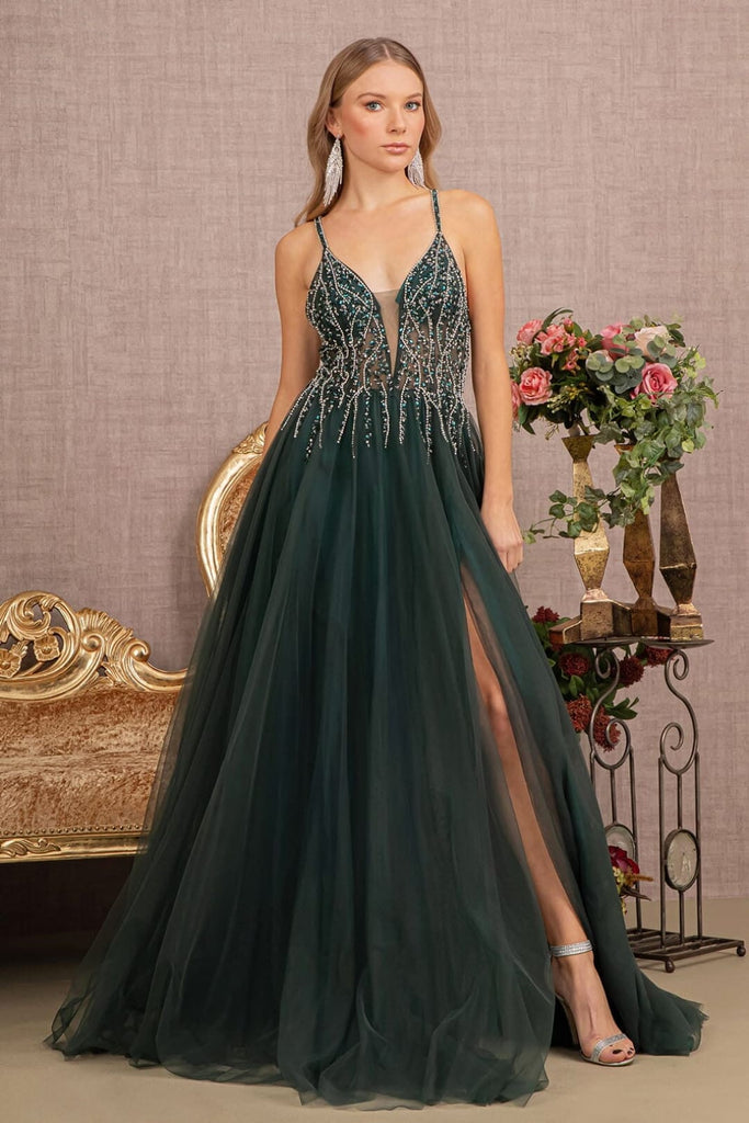 Jeweled Sleeveless A-line Slit Gown by GLS Gloria GL3137 - XS / Green - Long Formal Dresses