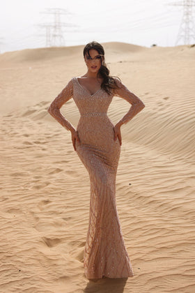 Chic and Holland EW990005 V-Neck Long Sleeve Beaded Evening Gown
