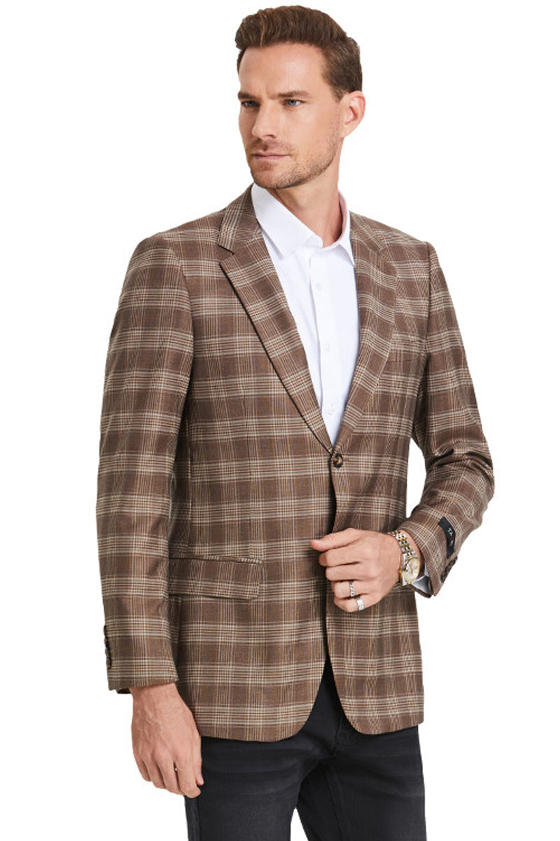 Chaqueta deportiva informal de negocios de corte entallado para hombre, de cuadros escoceses color marrón claro