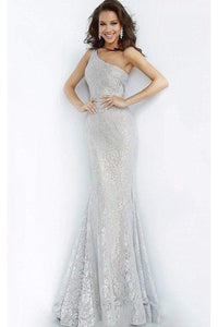 Jovani 00353 One-Shoulder Trumpet Dress in Stretch Metallic Lace - Prom