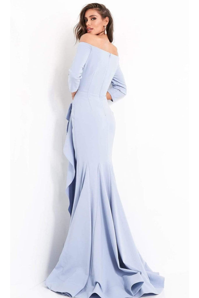 Jovani - 00446 Off Shoulder Drape Crepe Mermaid Dress - LIGHT-BLUE / 00 - Prom