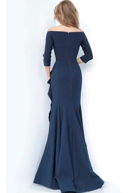 Jovani - 00446 Off Shoulder Drape Crepe Mermaid Dress - Navy / 00 - Prom