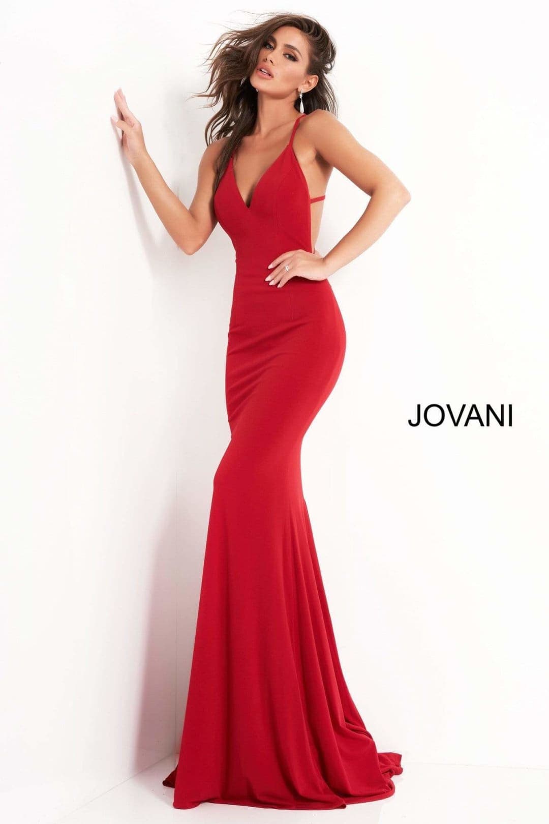 Jovani 00512 Plunging V-neck Strappy Prom Evening Gown - RED / 4