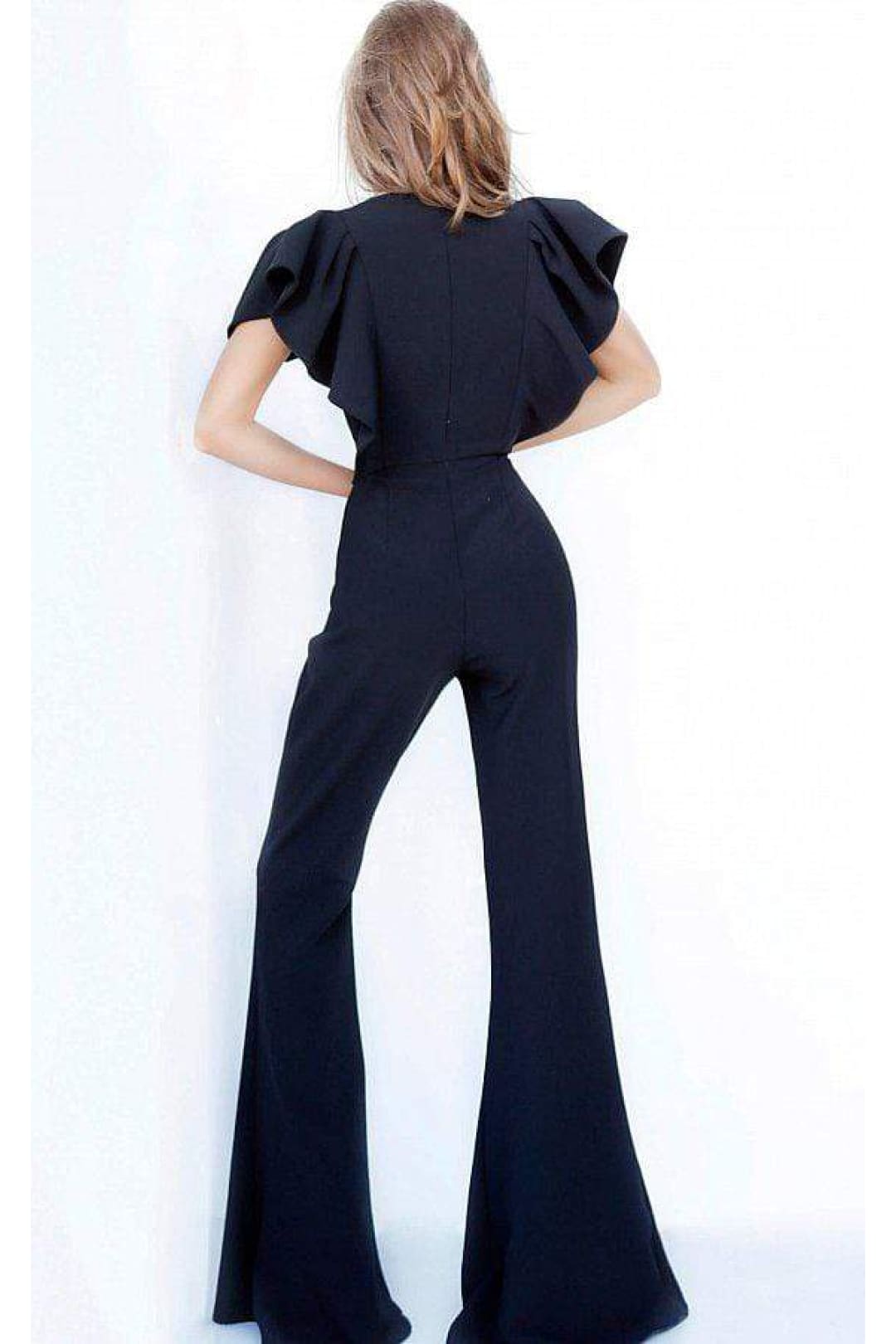 Jovani - 00762 Ruffle Angel Sleeved Split Neckline Jumpsuit - Prom