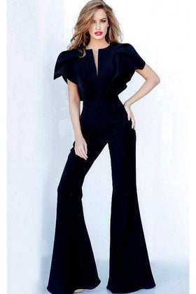 Chic Black Ruffle Jumpsuit with Split Neckline