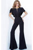 Jovani - 00762 Ruffle Angel Sleeved Split Neckline Jumpsuit - Prom