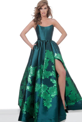 Jovani 02038 Strapless Scoop Neck Floral Embroidered Gown