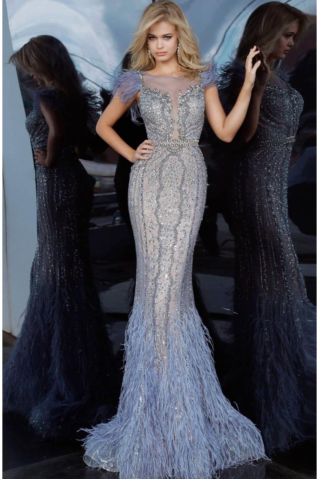 Jovani 02326 - Illusion Bejeweled Feather Sheath Dress - Prom