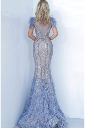 Jovani 02326 - Illusion Bejeweled Feather Sheath Dress - Prom