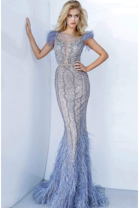 Jovani 02326 - Illusion Bejeweled Feather Sheath Dress