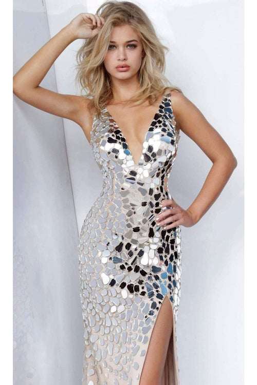 Jovani 02479 Elegant Embellished Deep V-Neck Sheath Dress - Prom