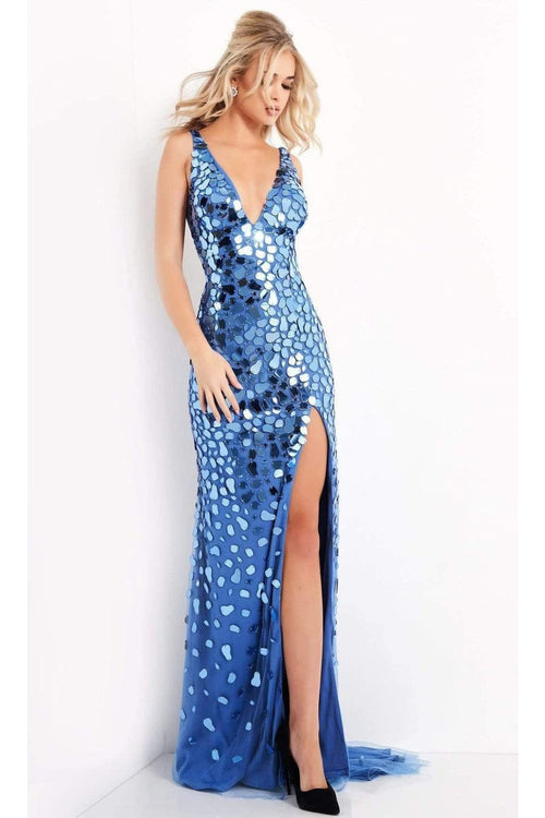 Jovani 02479 Elegant Embellished Deep V-Neck Sheath Dress - Prom