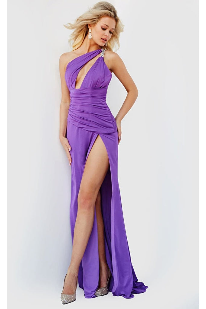 Jovani 02543 Sexy Cutout Bodice One Shoulder Prom Evening Gown With High Slit - PURPLE / 00