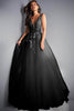 Jovani 02840 3D Floral Sheer Plunging V-neck Prom Ball Gown - BLACK / 4