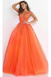 Jovani 02840 3D Floral Sheer Plunging V-neck Prom Ball Gown - ORANGE