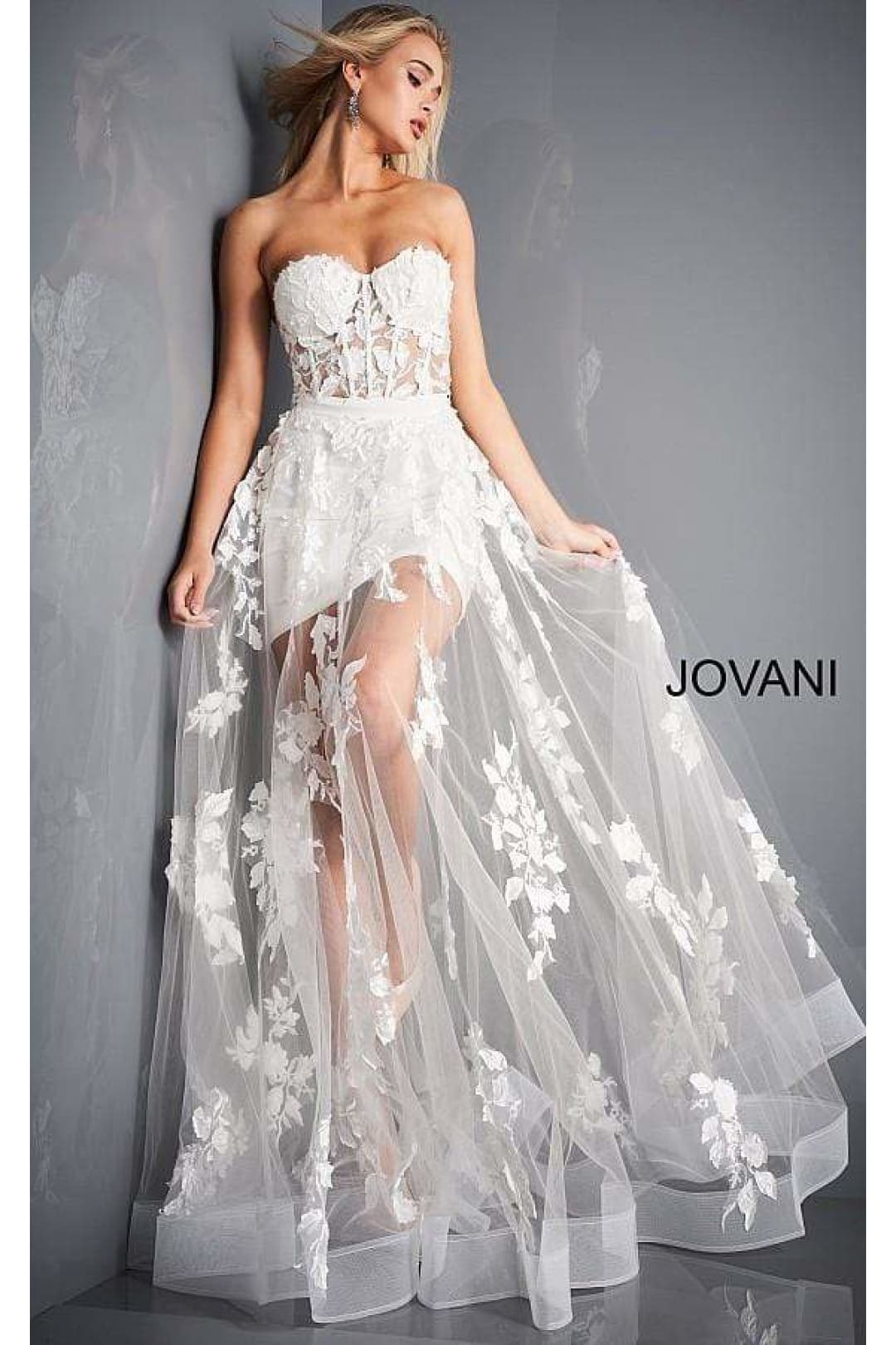 Jovani 02845 Strapless 3D Floral Corset Mini Prom Dress With Sheer Overskirt