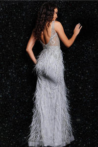 Jovani 03023 - Feather Gown with Beaded Adornments - Prom