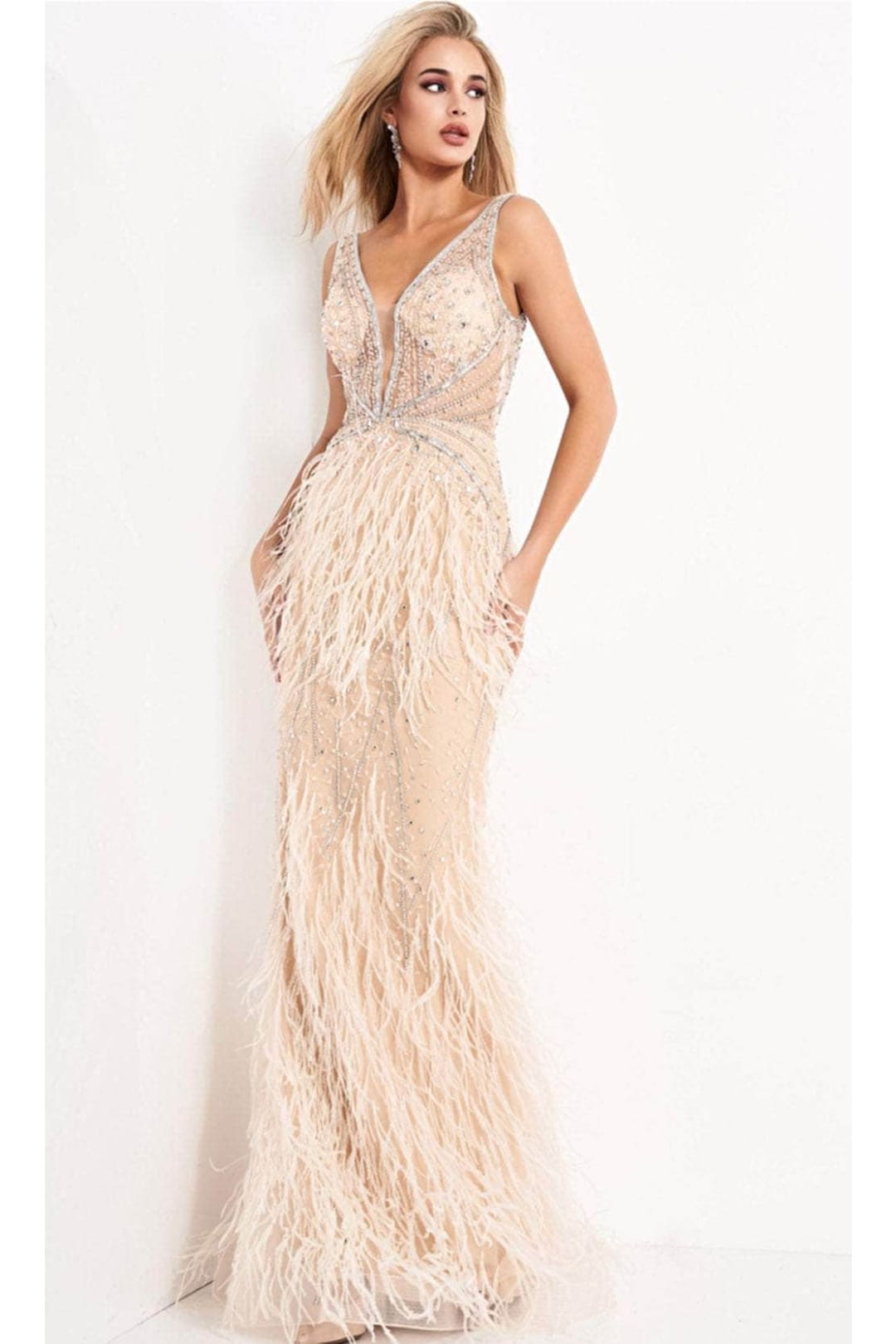 Jovani 03023 - Feather Gown with Beaded Adornments - Prom