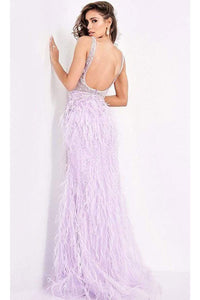 Jovani - 03023 Sheer Bodice Beaded Adorned Feather Fitted Evening Gown - Prom