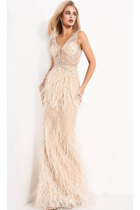 Jovani - 03023 Sheer Bodice Beaded Adorned Feather Fitted Evening Gown