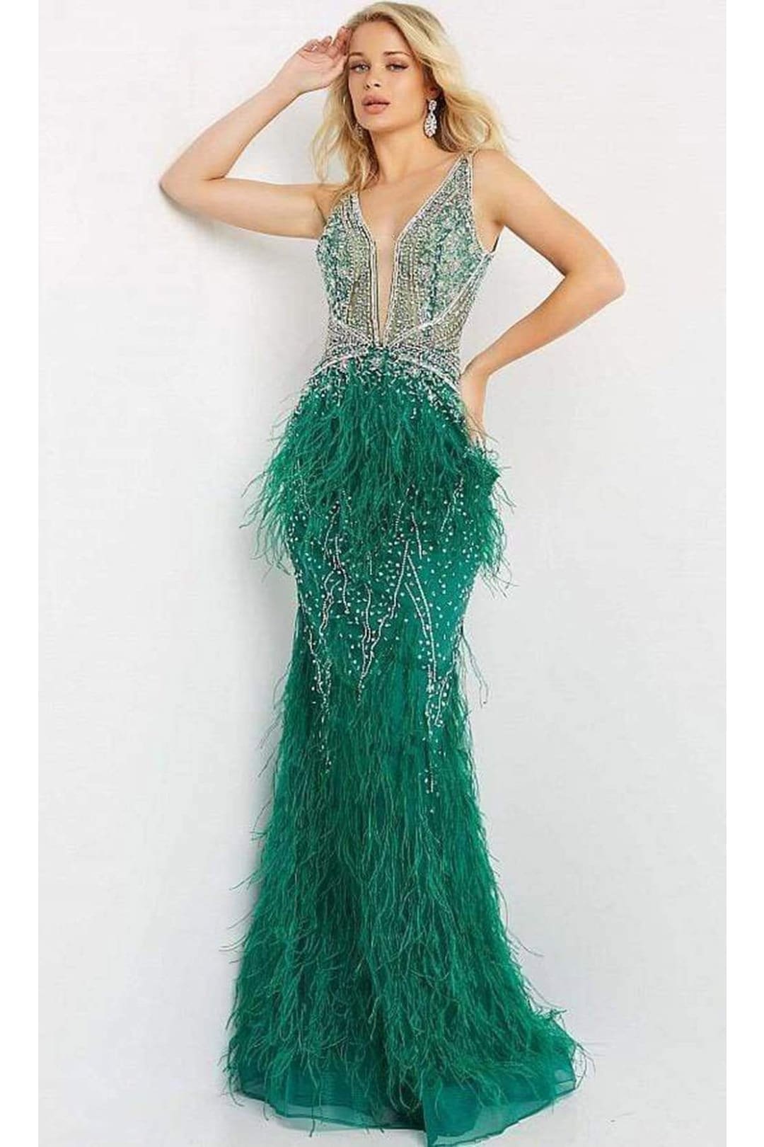 Jovani - 03023 Sheer Bodice Beaded Adorned Feather Fitted Evening Gown - Prom