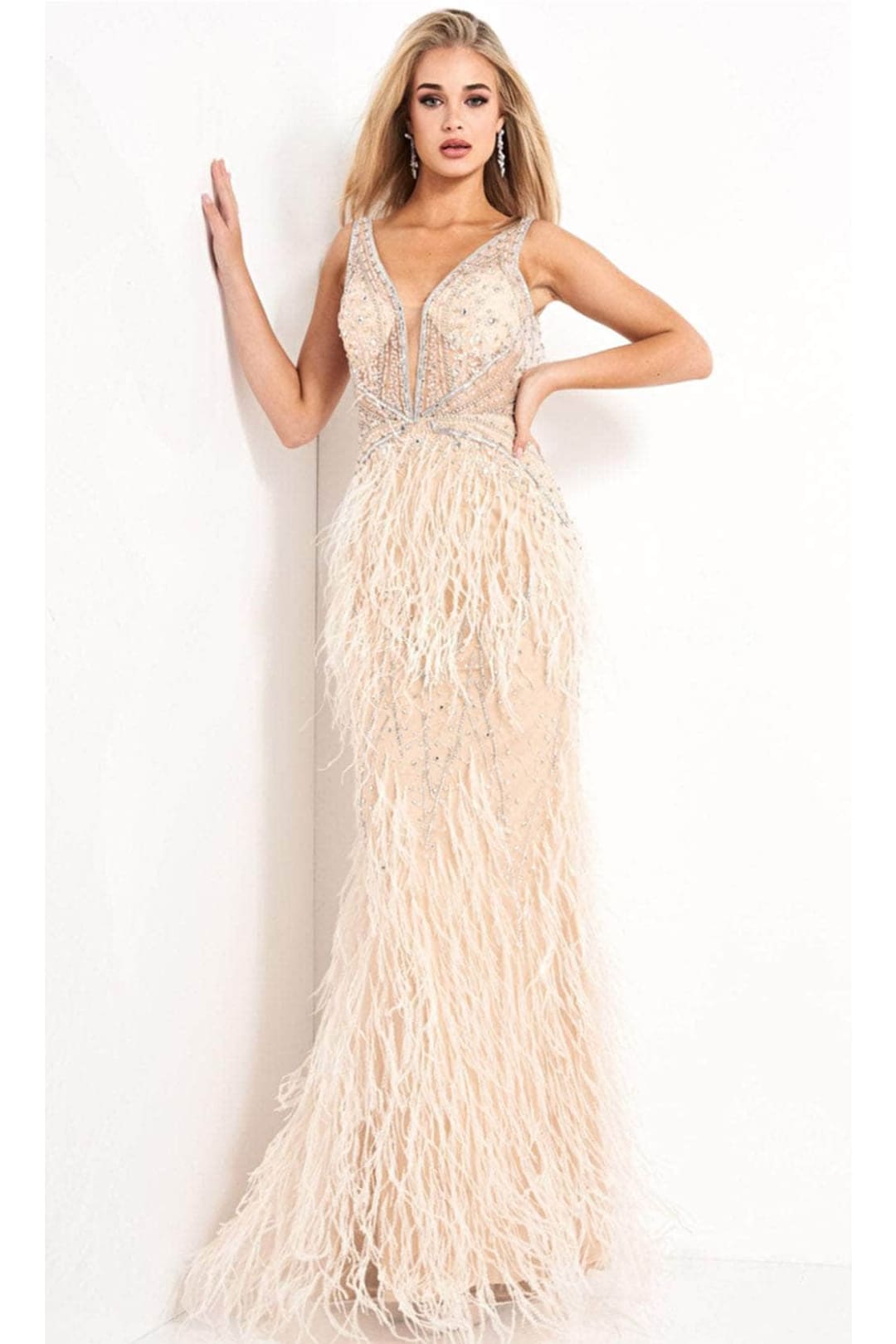 Jovani - 03023 Sheer Bodice Beaded Adorned Feather Fitted Evening Gown - Prom