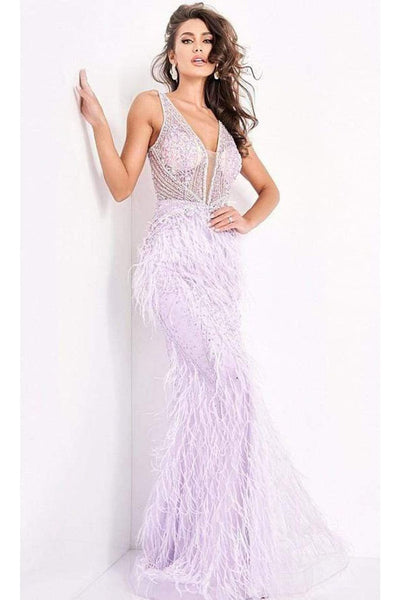 Jovani - 03023 Sheer Bodice Beaded Adorned Feather Fitted Evening Gown - Prom