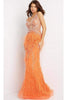 Jovani - 03023 Sheer Bodice Beaded Adorned Feather Fitted Evening Gown - Prom