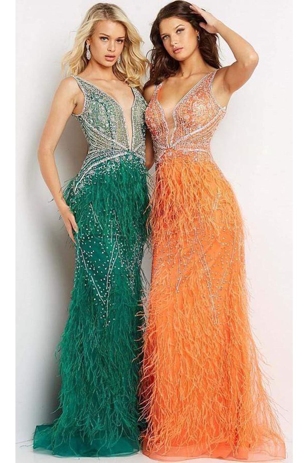 Jovani - 03023 Sheer Bodice Beaded Adorned Feather Fitted Evening Gown - Prom