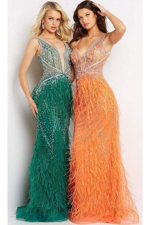 Jovani - 03023 Sheer Bodice Beaded Adorned Feather Fitted Evening Gown - Prom