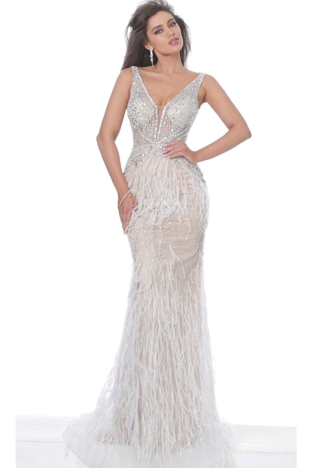Jovani - 03023 Sheer Bodice Beaded Adorned Feather Fitted Evening Gown - Prom