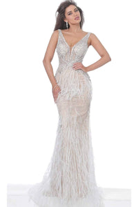 Jovani - 03023 Sheer Bodice Beaded Adorned Feather Fitted Evening Gown - Prom