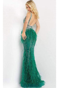 Jovani - 03023 Sheer Bodice Beaded Adorned Feather Fitted Evening Gown - Prom