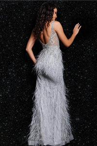 Jovani 03023 Sleeveless Bustier Sheer Sides Feather Prom Dress - Dress
