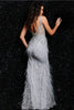Jovani 03023 V - Neck Sheer Beaded Feather Prom Embellished Dress - BLACK / 00