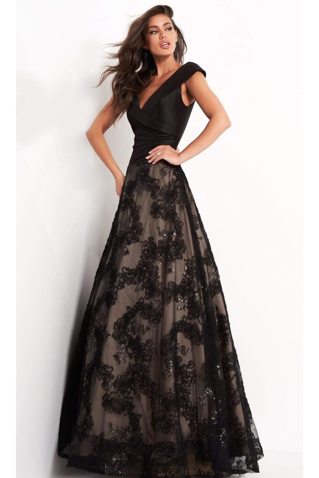 Jovani - 03330 Cap Sleeve V-Neck Soutache A-Line Gown - Prom