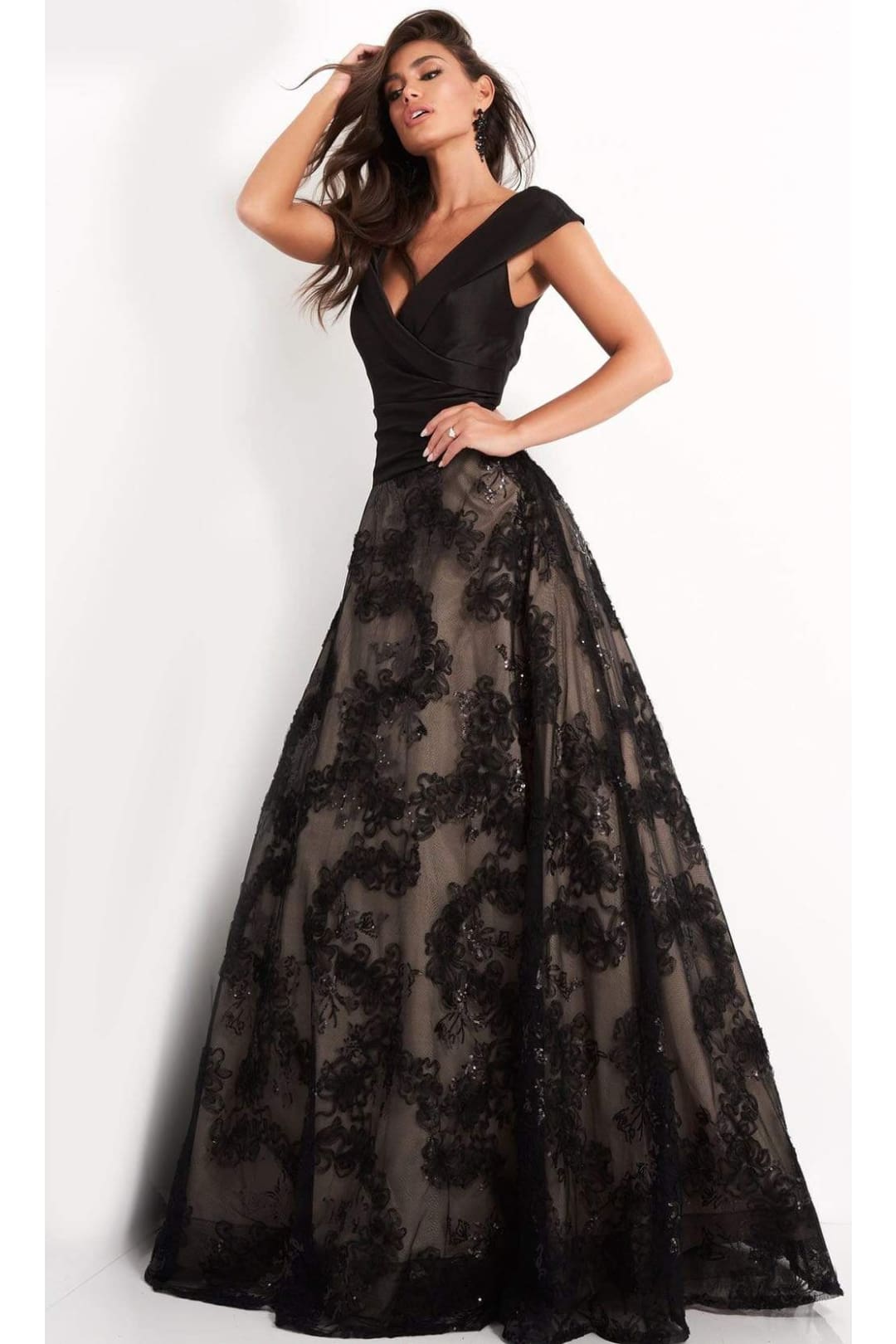 Jovani - 03330 Cap Sleeve V-Neck Soutache A-Line Gown - Prom