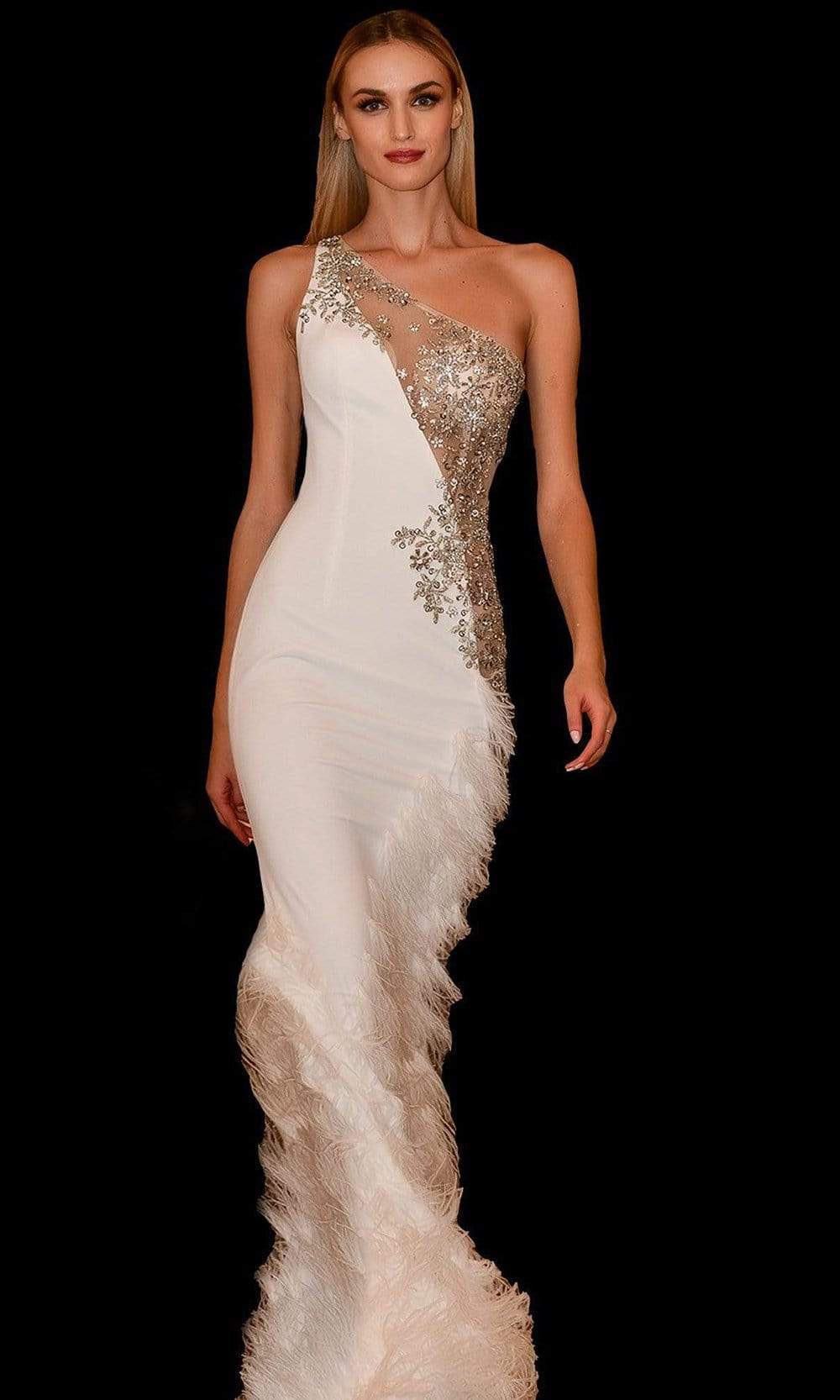 Jovani - 03389 Asymmetric Beaded Sheer Trumpet Gown