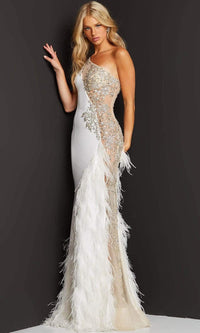 Jovani - 03389 Asymmetric Beaded Sheer Trumpet Gown