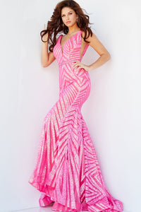 Jovani 03570 Sleeveless V-neck Sequined Prom Mermaid Evening Gown - Dress