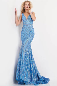 Jovani 03570 Sleeveless V-neck Sequined Prom Mermaid Evening Gown - Dress