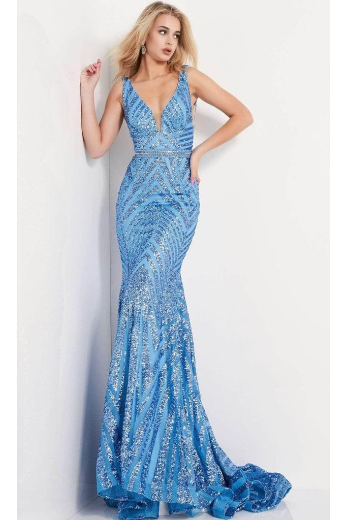 Jovani 03570 Sleeveless V-neck Sequined Prom Mermaid Evening Gown - Dress