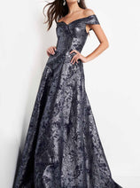 Jovani 03674 - Metallic Off-Shoulder A-Line Gown