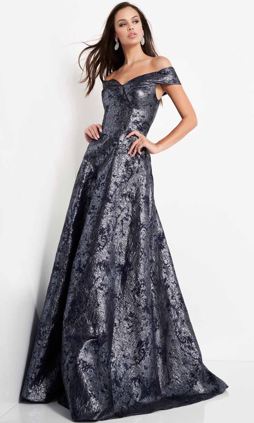 Jovani 03674 - Metallic Off-Shoulder A-Line Gown - Prom
