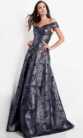 Jovani 03674 - Metallic Off-Shoulder A-Line Gown