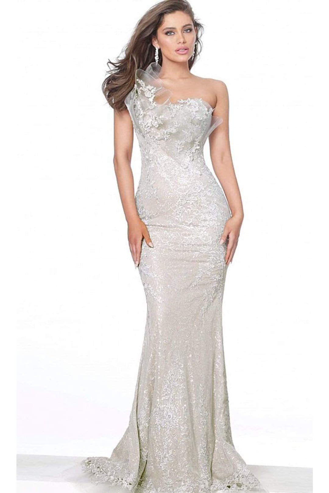 Jovani 03904 Trumpet Dress with Lace Asymmetric Neckline - Prom