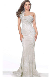 Jovani 03904 Trumpet Dress with Lace Asymmetric Neckline - Prom