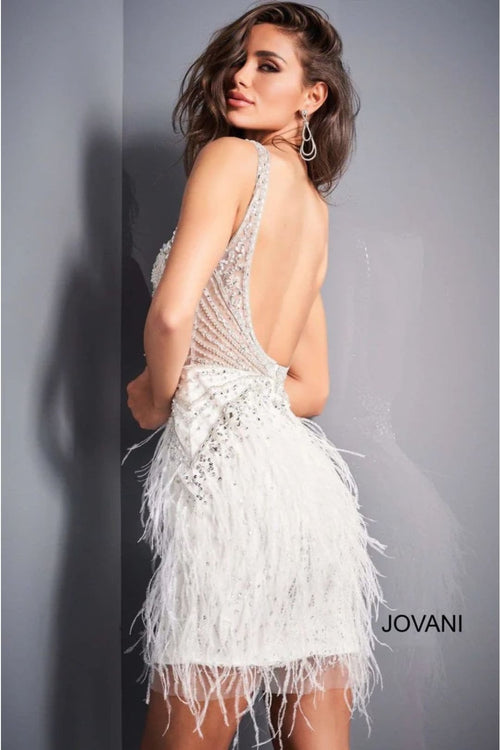 Jovani 04042 Feather Beaded Open Back Mini Sweet 16 Hoco Party Dress