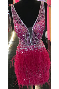 Jovani 04042 Feather Beaded Open Back Mini Sweet 16 Hoco Party Dress - HOT PINK / 2