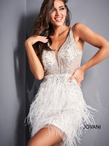 Jovani 04042 Feather Beaded Open Back Mini Sweet 16 Hoco Party Dress